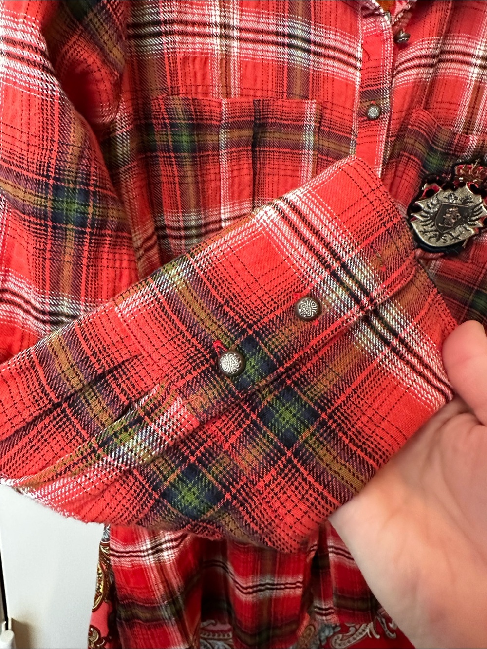 Anthropologie Aratta Silent Journey Red Paisley Plaid Scarf Mixed-Print Shirt S - Picture 6 of 13